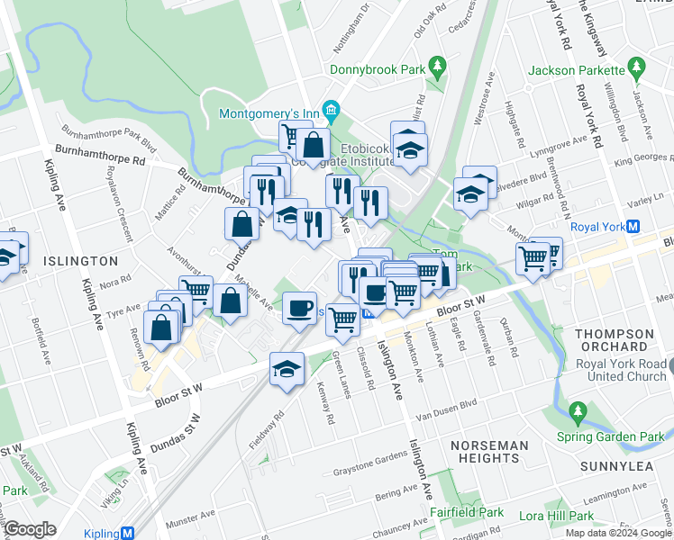 map of restaurants, bars, coffee shops, grocery stores, and more near in Toronto
