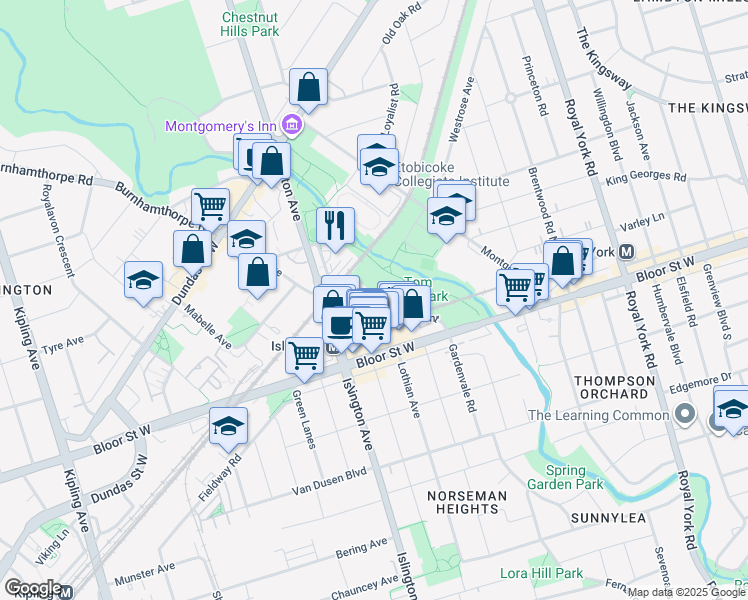 map of restaurants, bars, coffee shops, grocery stores, and more near 1 Lomond Drive in Toronto
