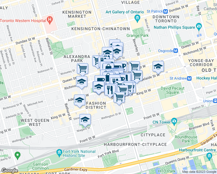 map of restaurants, bars, coffee shops, grocery stores, and more near 410 Adelaide Street West in Toronto