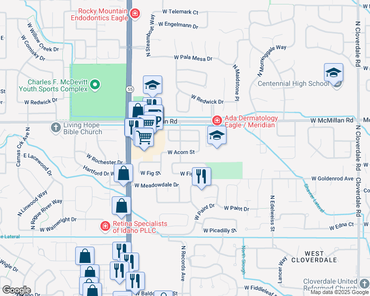 map of restaurants, bars, coffee shops, grocery stores, and more near 13450 West Acorn Street in Boise
