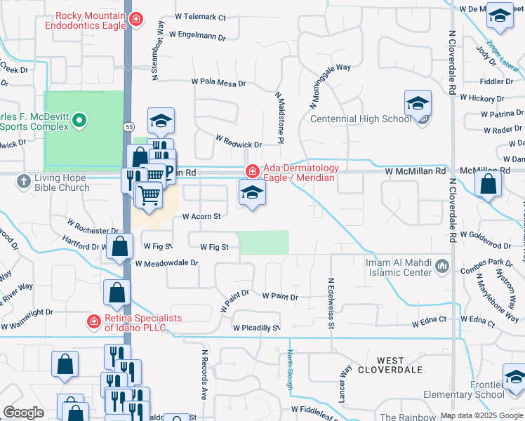 map of restaurants, bars, coffee shops, grocery stores, and more near 13255 West McMillan Road in Boise