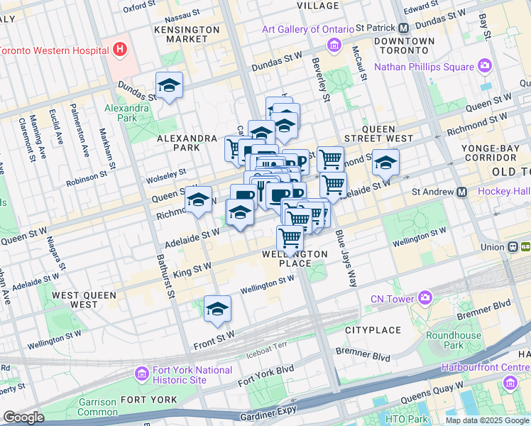 map of restaurants, bars, coffee shops, grocery stores, and more near 96 Spadina Avenue in Toronto