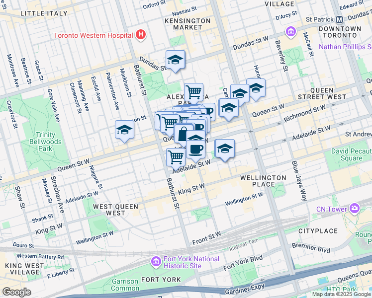 map of restaurants, bars, coffee shops, grocery stores, and more near 541 Richmond Street West in Toronto