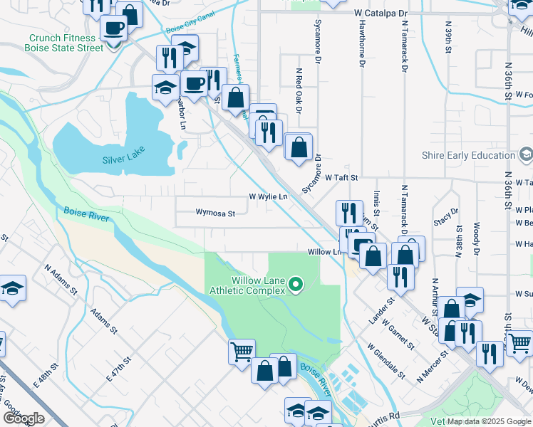 map of restaurants, bars, coffee shops, grocery stores, and more near North Street in Boise