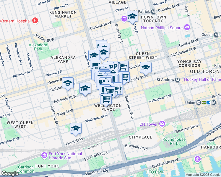 map of restaurants, bars, coffee shops, grocery stores, and more near 355 Adelaide Street West in Toronto