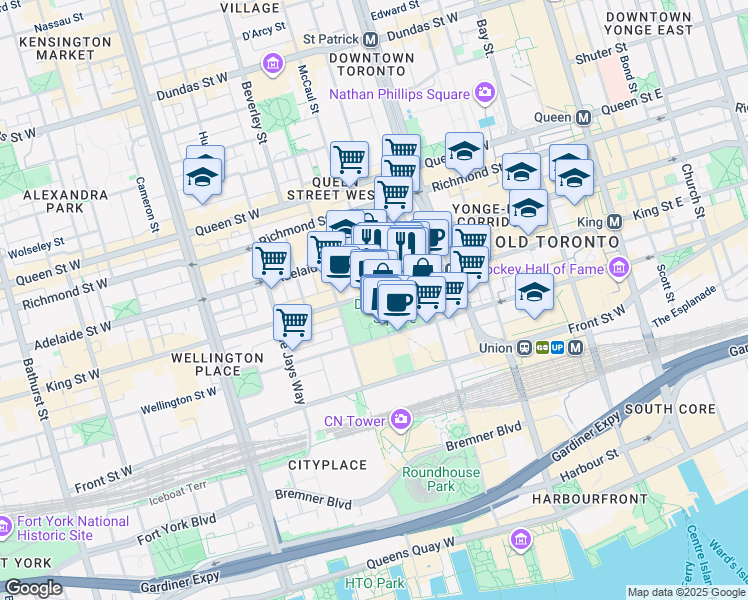 map of restaurants, bars, coffee shops, grocery stores, and more near 200 Wellington Street West in Toronto
