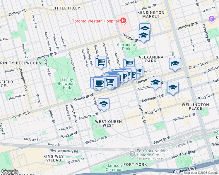 map of restaurants, bars, coffee shops, grocery stores, and more near 680 Queen Street West in Toronto