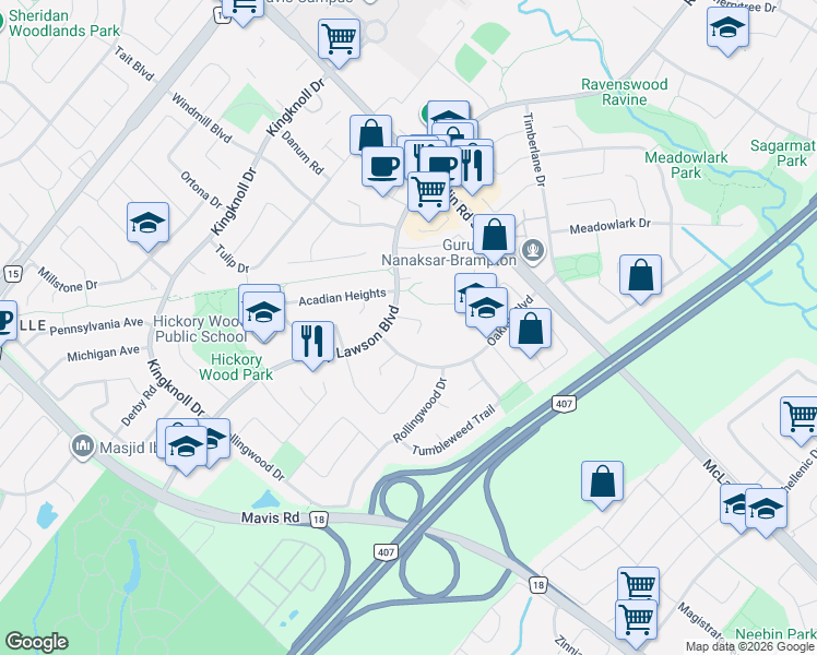 map of restaurants, bars, coffee shops, grocery stores, and more near 36 Bent Tree Court in Brampton