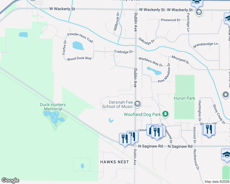 map of restaurants, bars, coffee shops, grocery stores, and more near 5400 Forestridge Way in Midland
