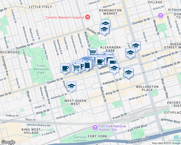 map of restaurants, bars, coffee shops, grocery stores, and more near 685 Queen Street West in Toronto