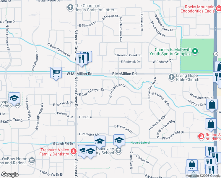 map of restaurants, bars, coffee shops, grocery stores, and more near 1952 East Grand Canyon Drive in Meridian