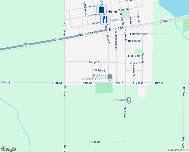 map of restaurants, bars, coffee shops, grocery stores, and more near 306 South Prairie Street in Sherburn
