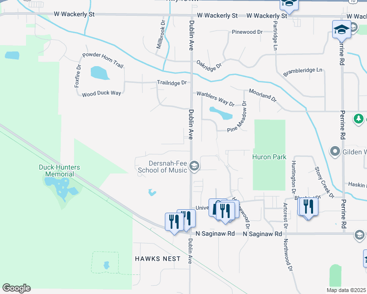 map of restaurants, bars, coffee shops, grocery stores, and more near 5501 Greenridge Drive in Midland