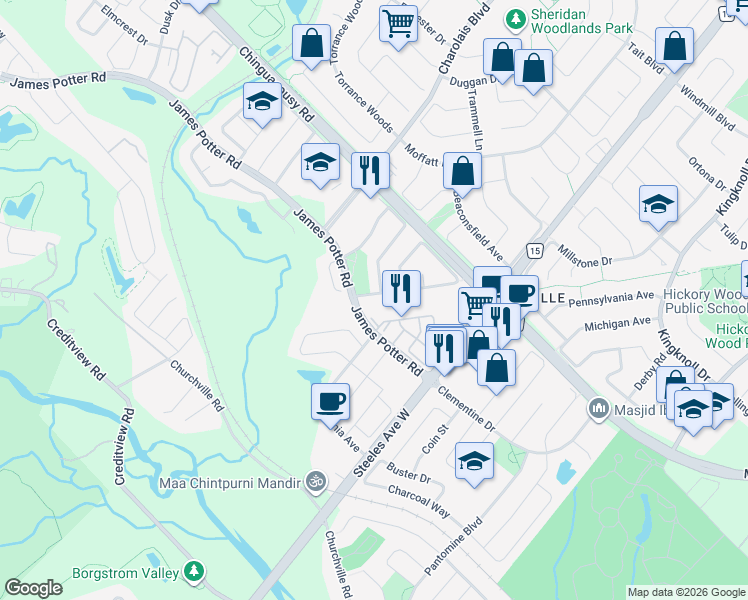 map of restaurants, bars, coffee shops, grocery stores, and more near 12 Pefferlaw Circle in Brampton