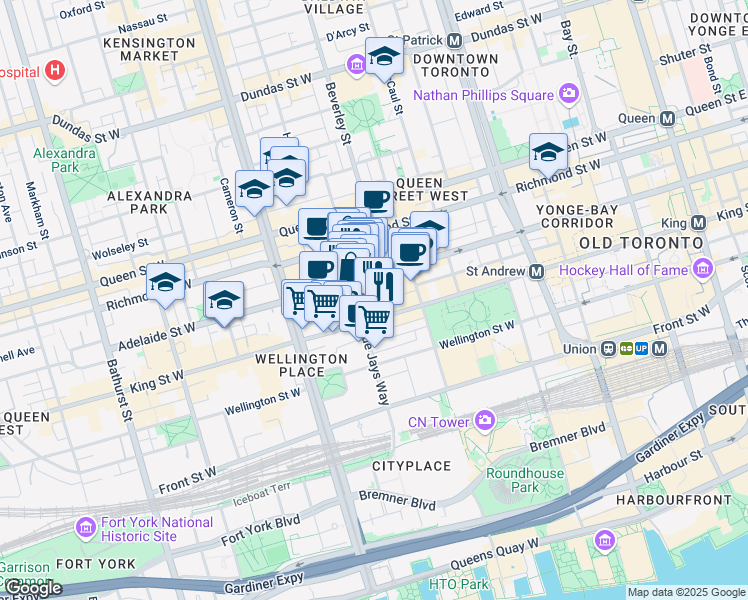 map of restaurants, bars, coffee shops, grocery stores, and more near in Toronto