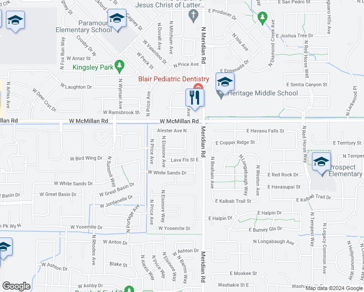 map of restaurants, bars, coffee shops, grocery stores, and more near 4625 North Dyver Avenue in Meridian