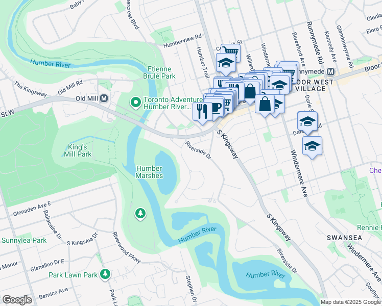 map of restaurants, bars, coffee shops, grocery stores, and more near 328 Riverside Drive in Toronto