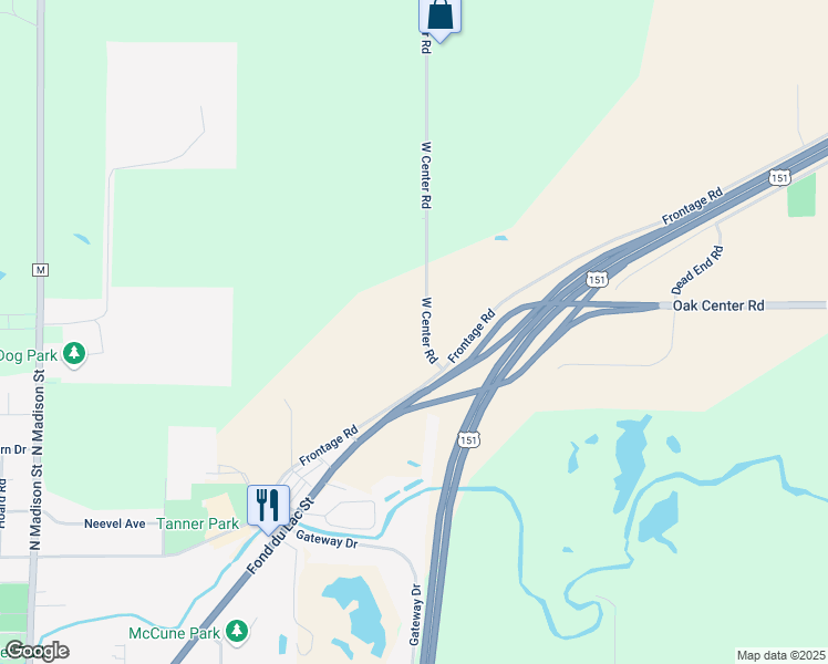 map of restaurants, bars, coffee shops, grocery stores, and more near N2876 West Center Road in Waupun