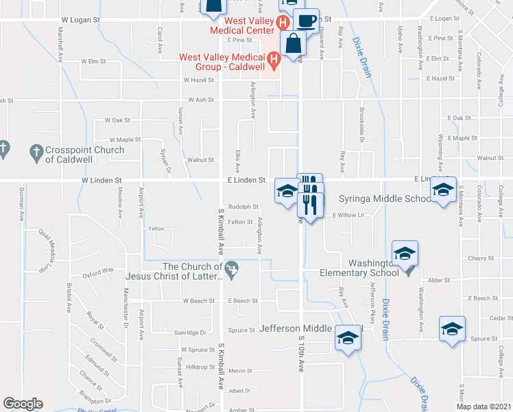 map of restaurants, bars, coffee shops, grocery stores, and more near 218 Rudolph Street in Caldwell