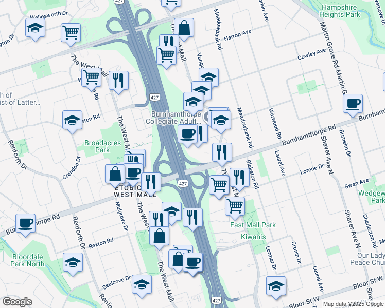 map of restaurants, bars, coffee shops, grocery stores, and more near in Toronto