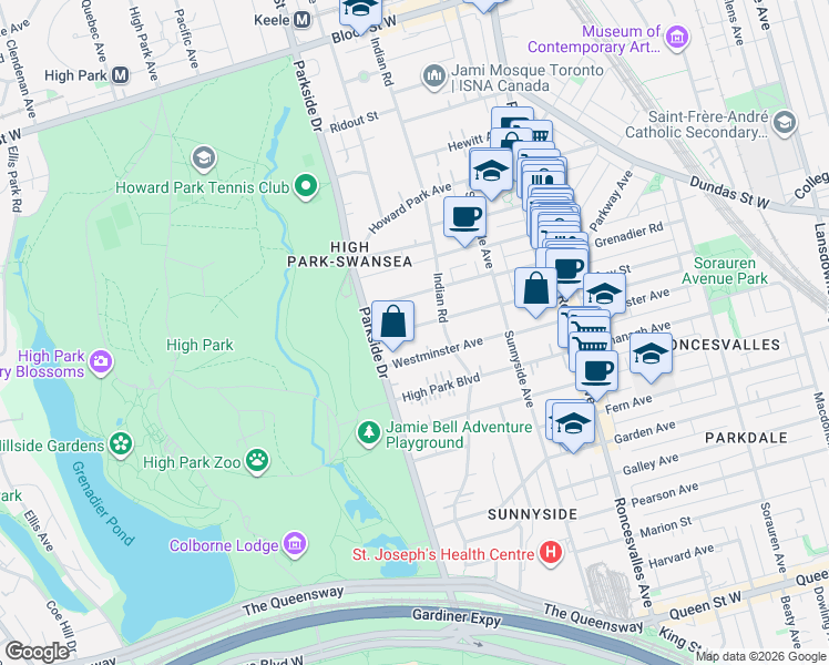 map of restaurants, bars, coffee shops, grocery stores, and more near in Toronto