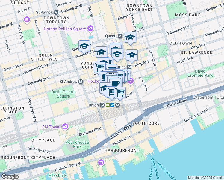 map of restaurants, bars, coffee shops, grocery stores, and more near 200 Bay Street in Toronto