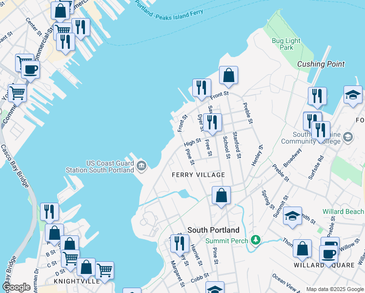 map of restaurants, bars, coffee shops, grocery stores, and more near 24 Pine Street in South Portland