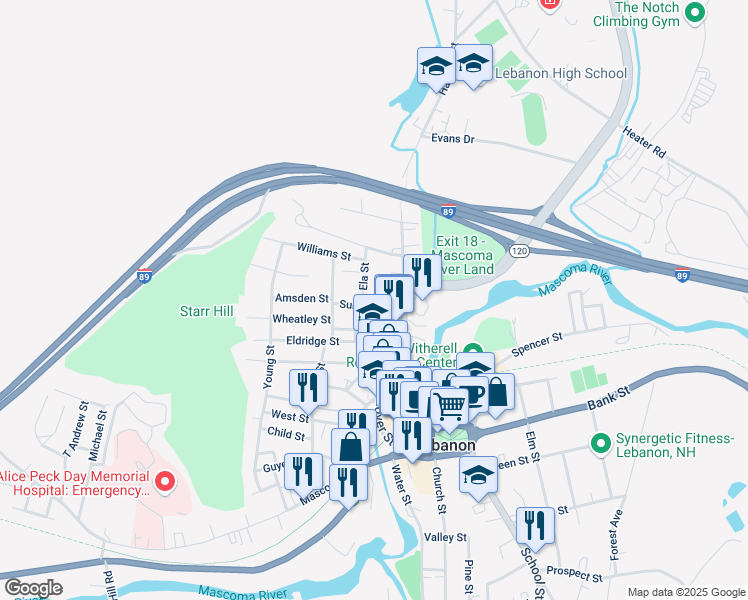map of restaurants, bars, coffee shops, grocery stores, and more near 17 Summer Street in Lebanon