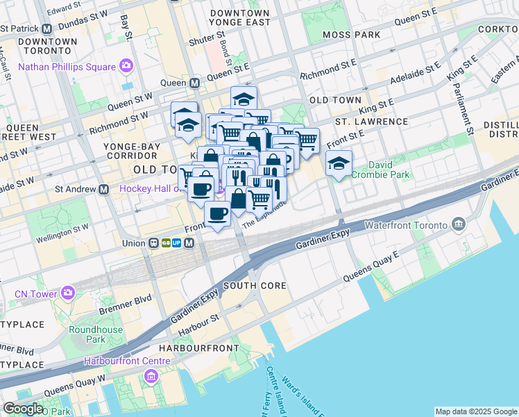 map of restaurants, bars, coffee shops, grocery stores, and more near in Toronto