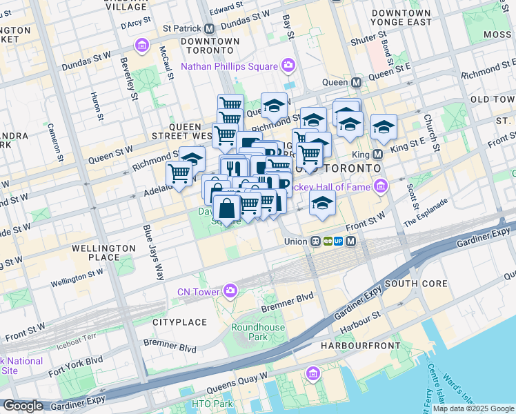 map of restaurants, bars, coffee shops, grocery stores, and more near 206 Wellington Street West in Toronto