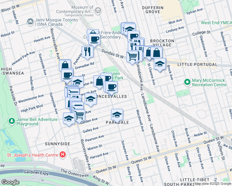 map of restaurants, bars, coffee shops, grocery stores, and more near in Toronto