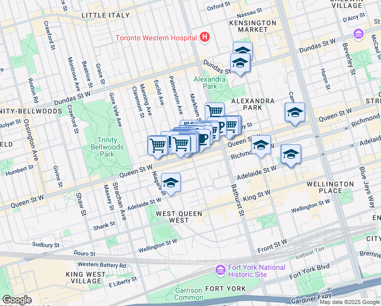 map of restaurants, bars, coffee shops, grocery stores, and more near 652 Queen Street West in Toronto