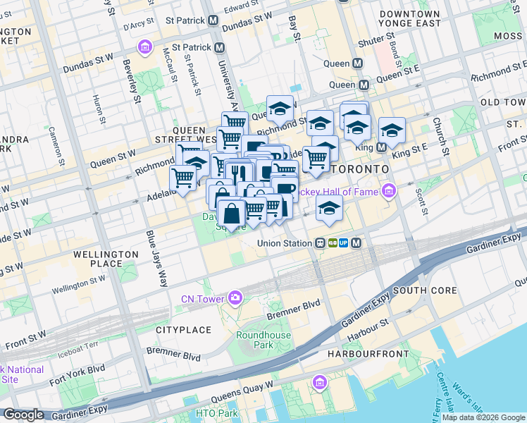map of restaurants, bars, coffee shops, grocery stores, and more near in Toronto