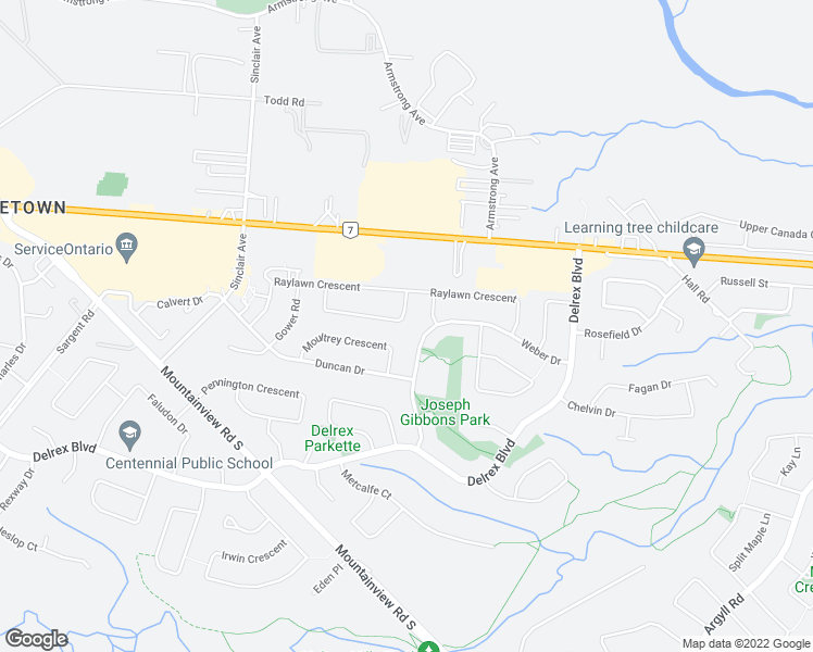 map of restaurants, bars, coffee shops, grocery stores, and more near 54 Langstone Crescent in Halton Hills