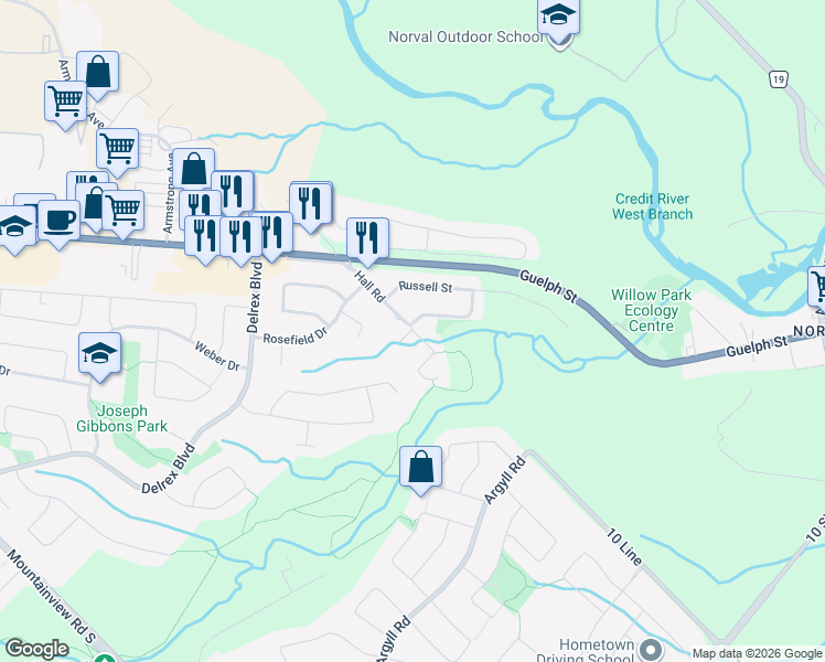 map of restaurants, bars, coffee shops, grocery stores, and more near 38-40 Hall Road in Halton Hills