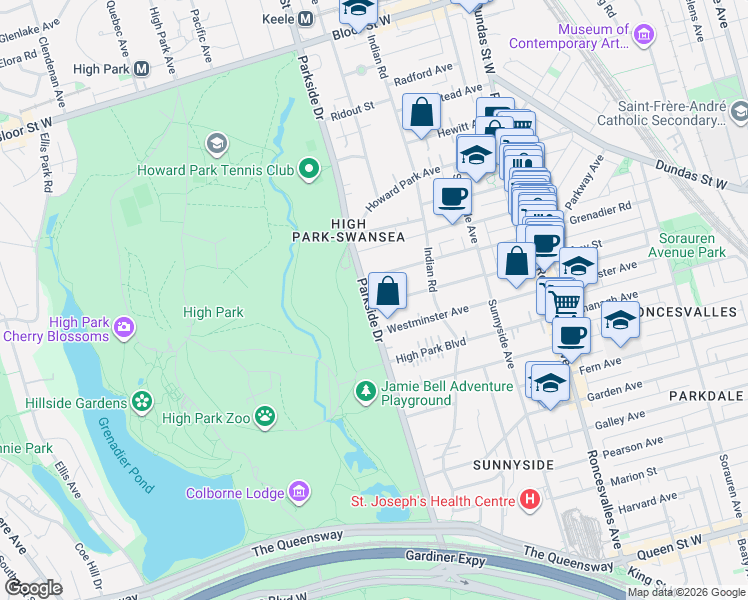 map of restaurants, bars, coffee shops, grocery stores, and more near 234 Geoffrey Street in Toronto