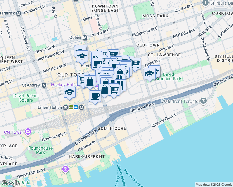 map of restaurants, bars, coffee shops, grocery stores, and more near 38 The Esplanade in Toronto