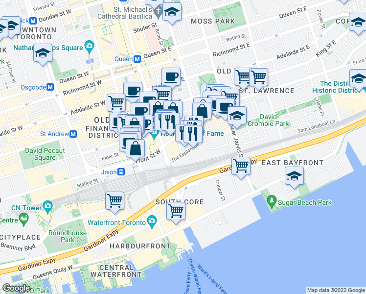 map of restaurants, bars, coffee shops, grocery stores, and more near in Toronto