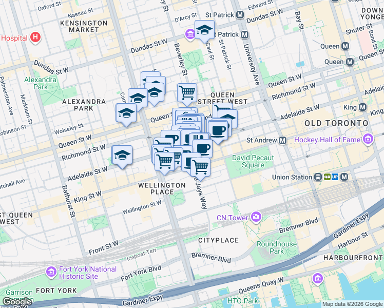 map of restaurants, bars, coffee shops, grocery stores, and more near 87 Peter Street in Toronto