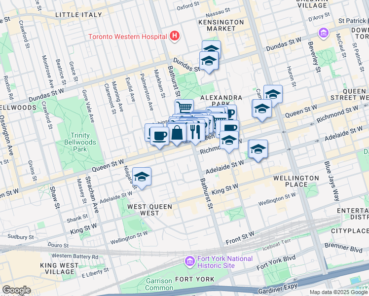 map of restaurants, bars, coffee shops, grocery stores, and more near 633 1/2 Queen Street West in Toronto