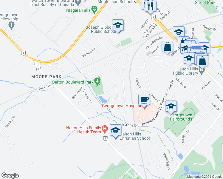 map of restaurants, bars, coffee shops, grocery stores, and more near 40 Munro Circle in Halton Hills