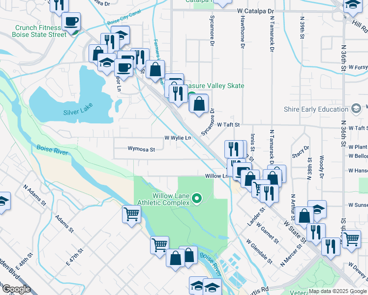 map of restaurants, bars, coffee shops, grocery stores, and more near 2934 North Saint James Place in Boise