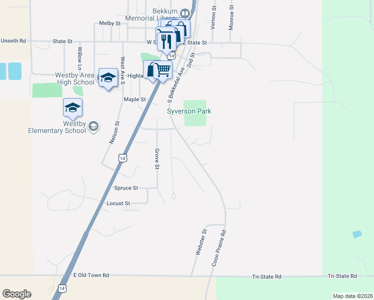 map of restaurants, bars, coffee shops, grocery stores, and more near 401 Coon Prairie Road in Westby