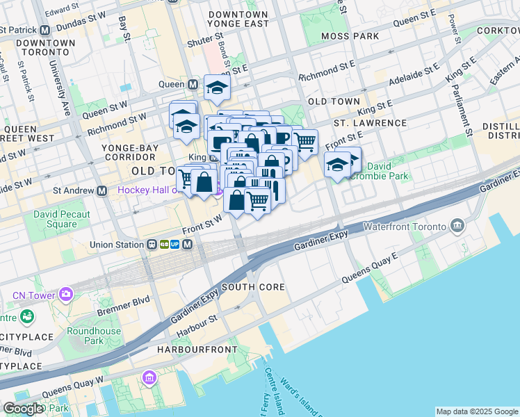 map of restaurants, bars, coffee shops, grocery stores, and more near 1 Scott Street in Toronto