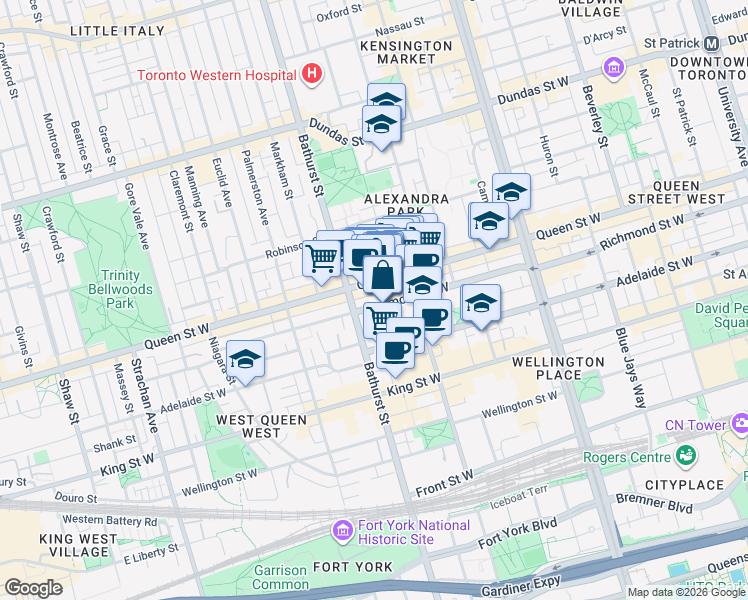 map of restaurants, bars, coffee shops, grocery stores, and more near 592 Richmond Street West in Toronto