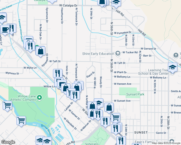 map of restaurants, bars, coffee shops, grocery stores, and more near 3900 Stacy Drive in Boise