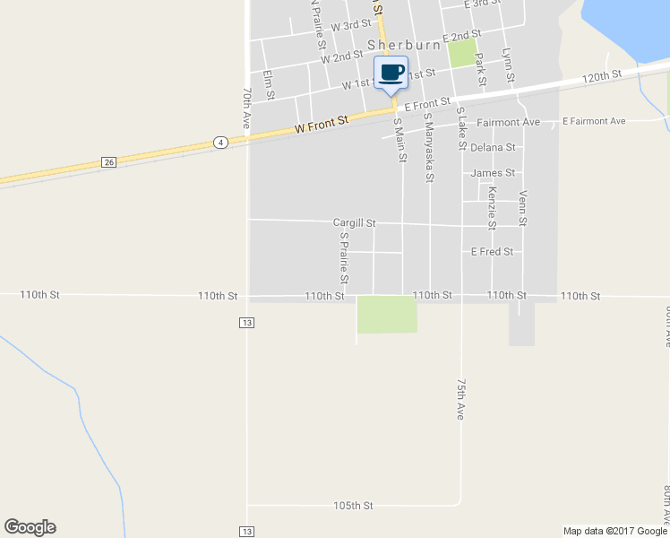 map of restaurants, bars, coffee shops, grocery stores, and more near 306 South Prairie Street in Sherburn