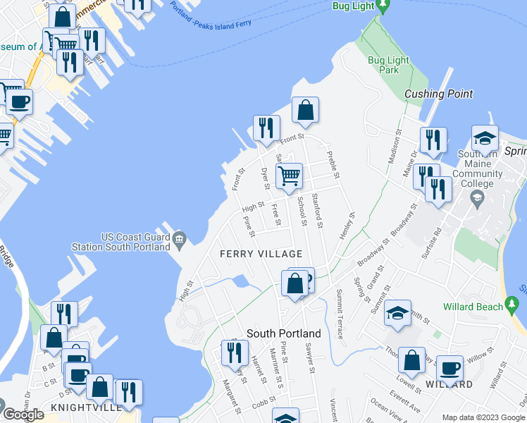 map of restaurants, bars, coffee shops, grocery stores, and more near 14 Randall Street in South Portland
