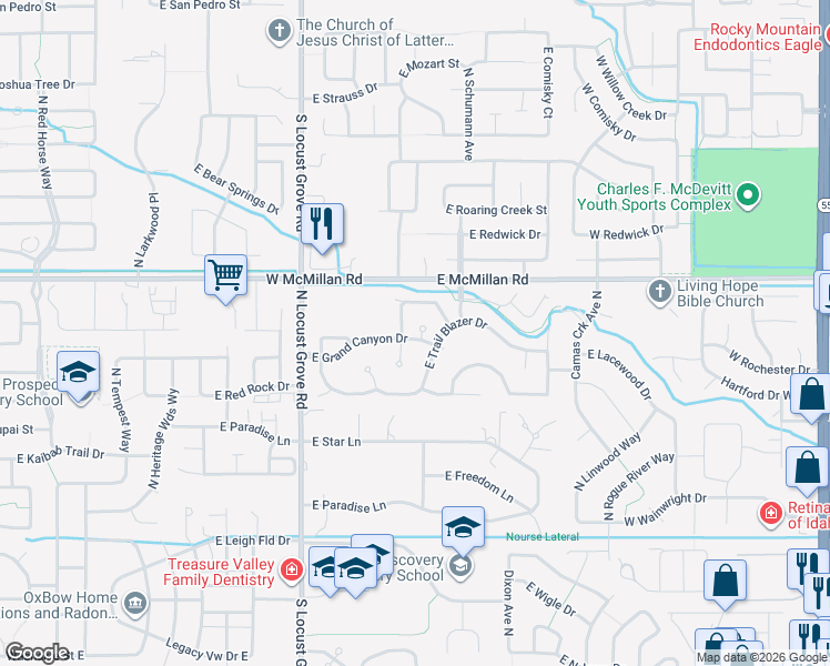 map of restaurants, bars, coffee shops, grocery stores, and more near 1952 East Grand Canyon Drive in Meridian