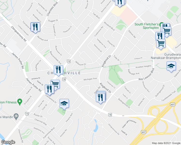 map of restaurants, bars, coffee shops, grocery stores, and more near 25 Pennsylvania Avenue in Brampton